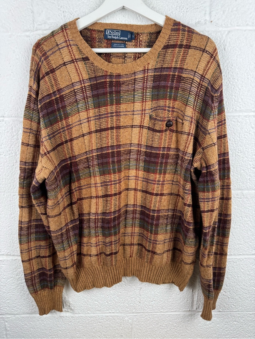 Vintage Polo Ralph Lauren Plaid Cotton Cashmere Sweater Suede Elbow Patches L